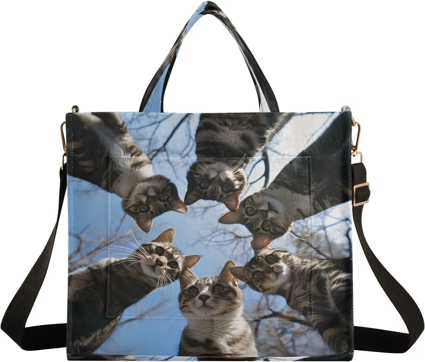 Corduroy Tote Bag Cats in Circle Women Crossbody Bag with Detachable and Adjustable Shoulder Strap