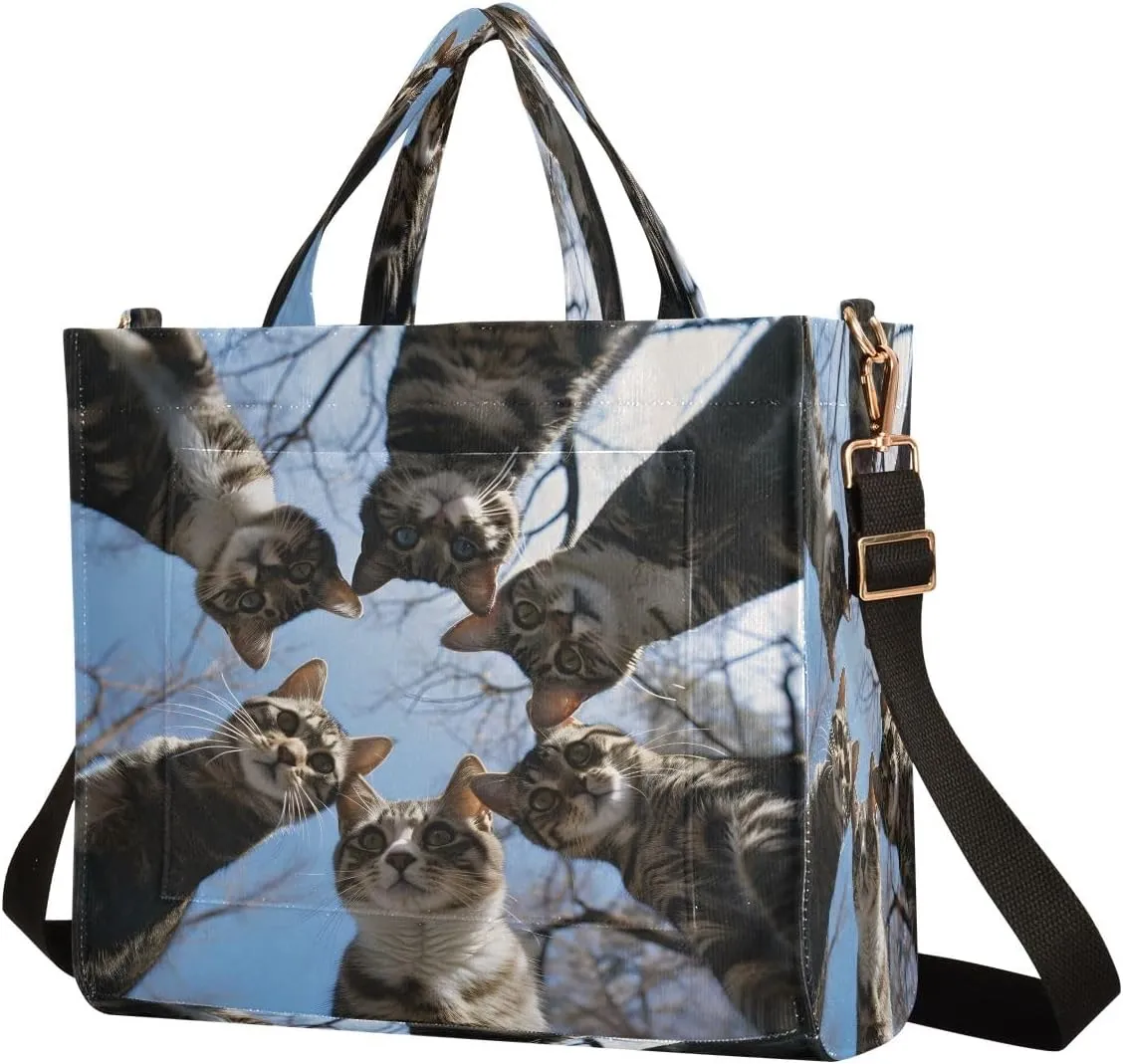 Corduroy Tote Bag Cats in Circle Women Crossbody Bag with Detachable and Adjustable Shoulder Strap
