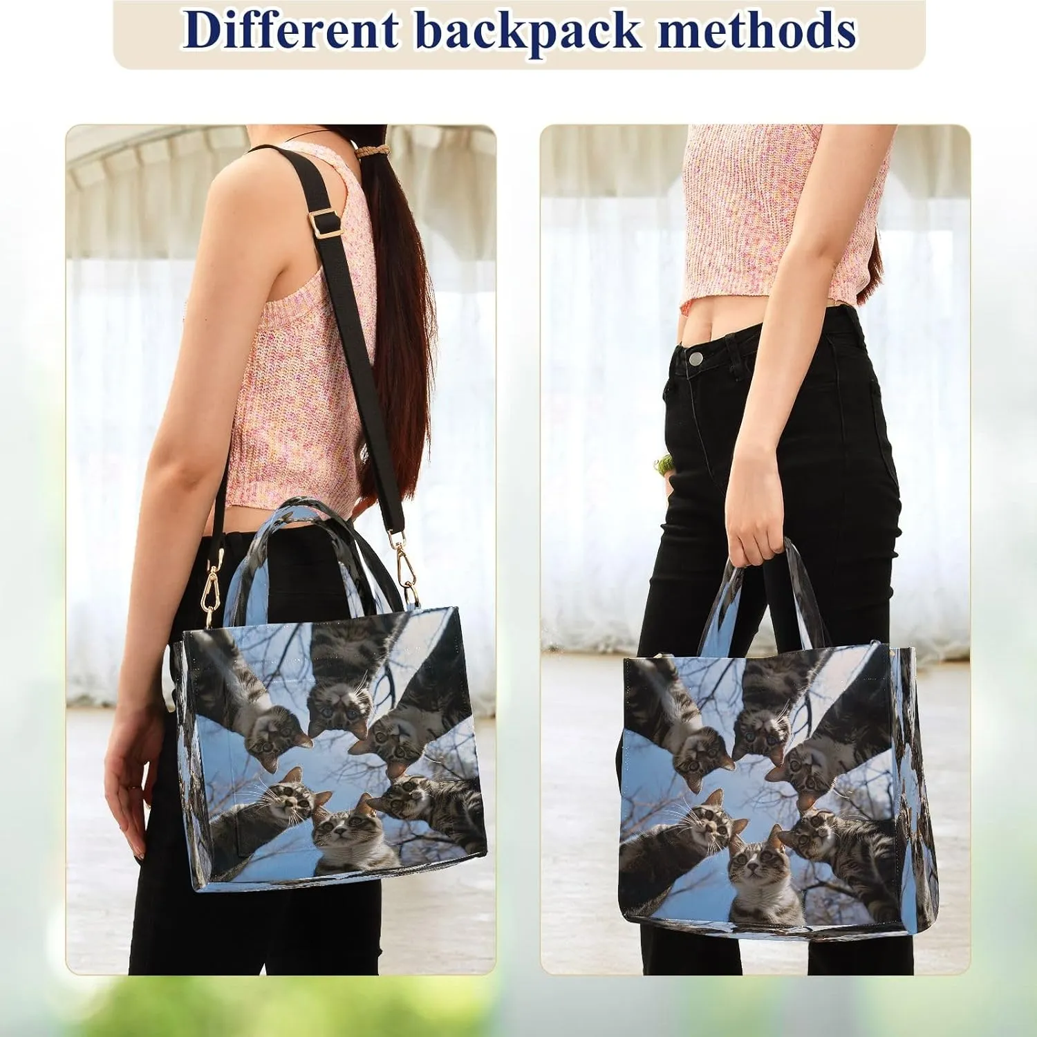 Corduroy Tote Bag Cats in Circle Women Crossbody Bag with Detachable and Adjustable Shoulder Strap