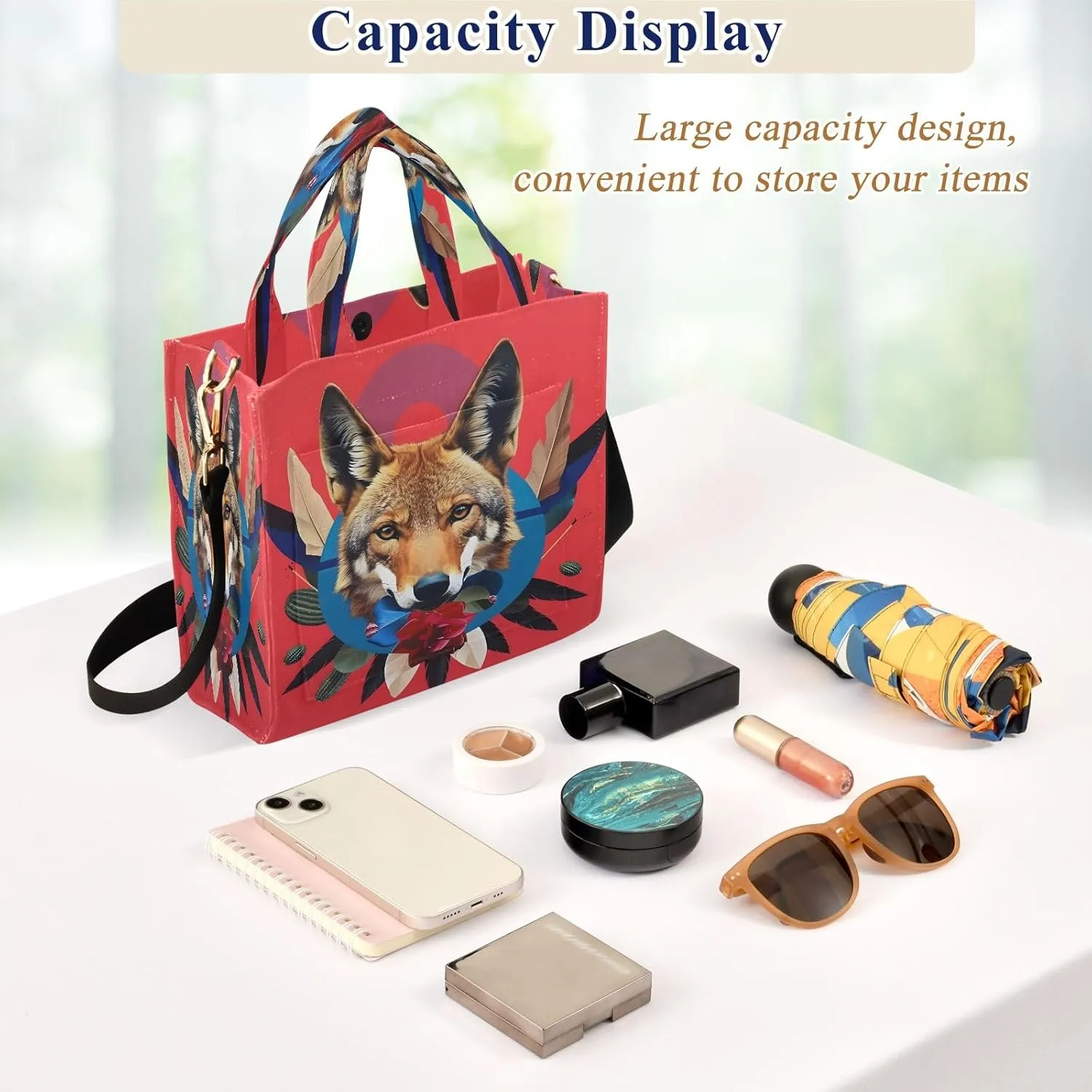 Corduroy Tote Bag Coyotes Cactus Floral Women Crossbody Bag with Detachable and Adjustable Shoulder Strap