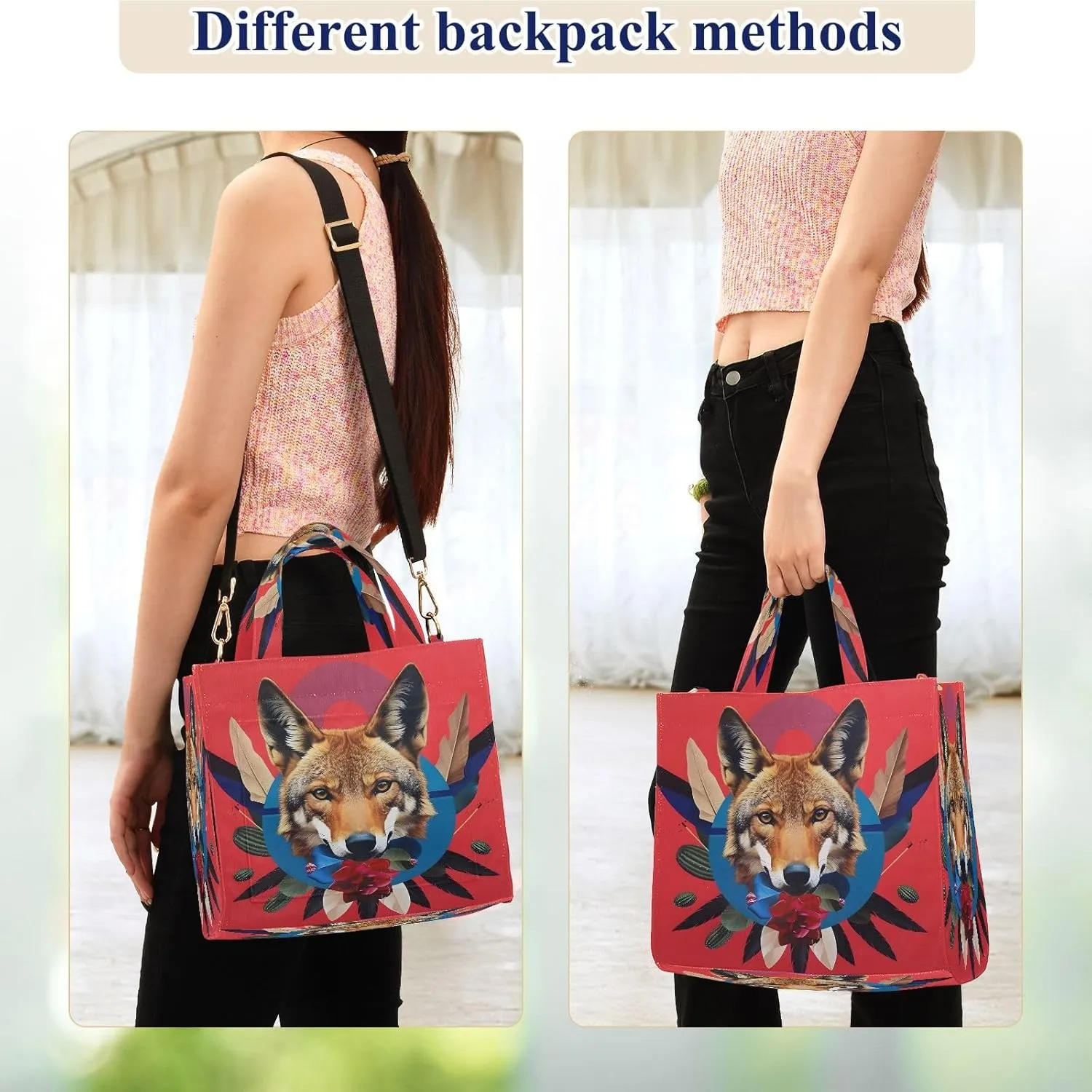 Corduroy Tote Bag Coyotes Cactus Floral Women Crossbody Bag with Detachable and Adjustable Shoulder Strap