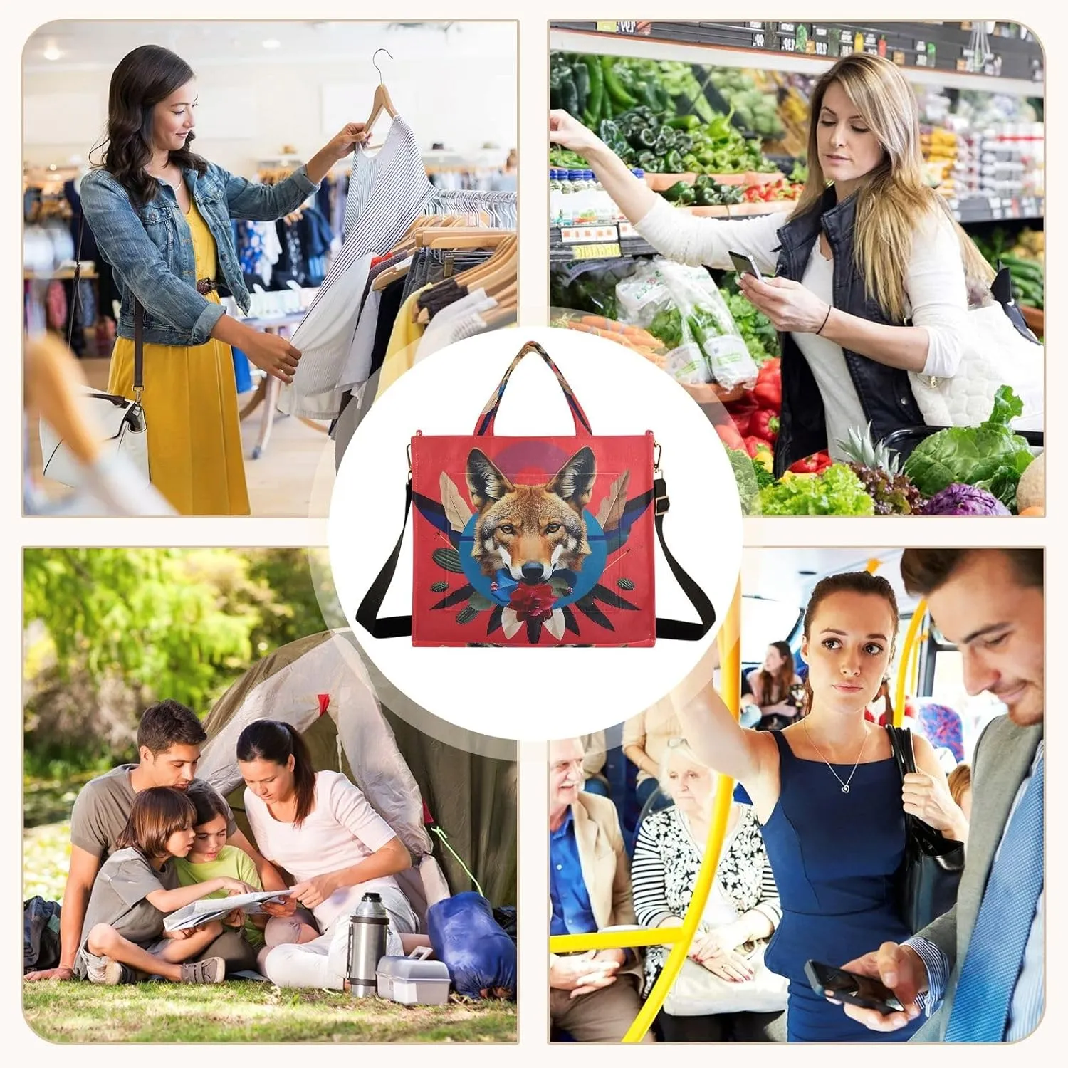 Corduroy Tote Bag Coyotes Cactus Floral Women Crossbody Bag with Detachable and Adjustable Shoulder Strap