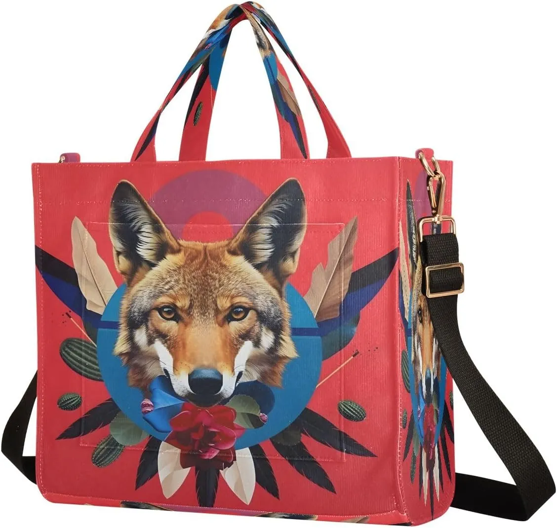 Corduroy Tote Bag Coyotes Cactus Floral Women Crossbody Bag with Detachable and Adjustable Shoulder Strap
