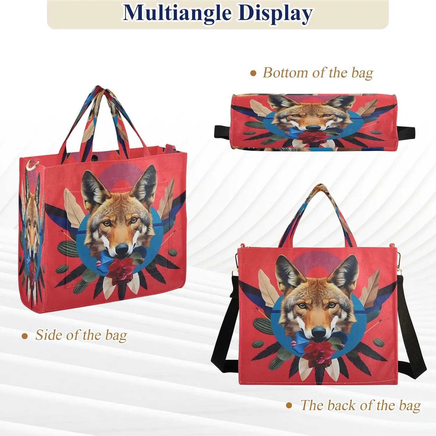 Corduroy Tote Bag Coyotes Cactus Floral Women Crossbody Bag with Detachable and Adjustable Shoulder Strap