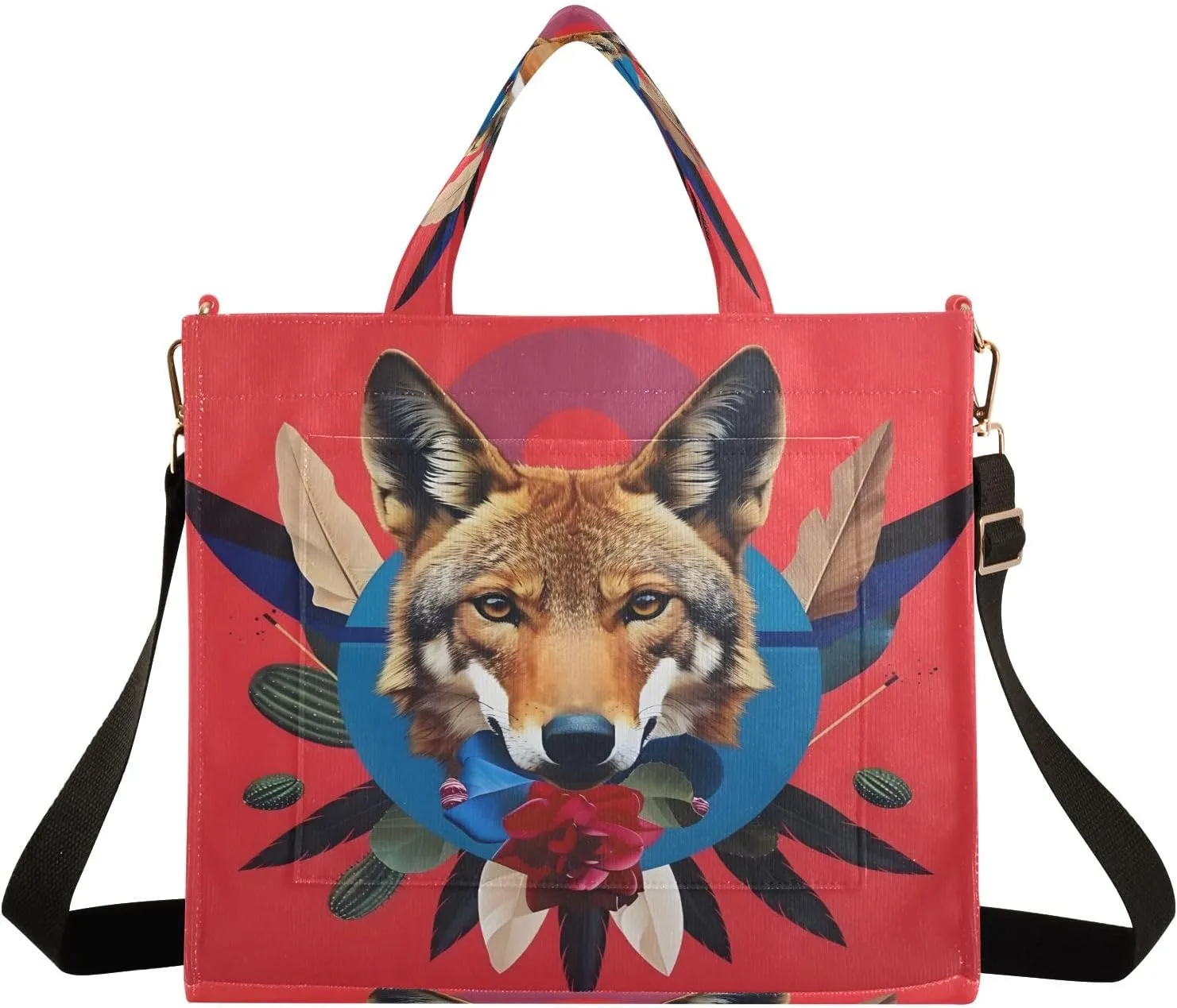 Corduroy Tote Bag Coyotes Cactus Floral Women Crossbody Bag with Detachable and Adjustable Shoulder Strap