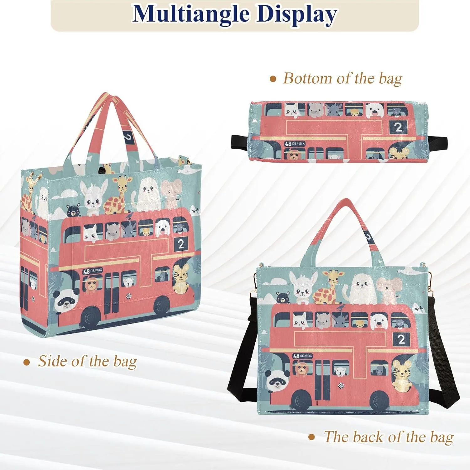 Corduroy Tote Bag Cute Animals in Double Decker Bus Women Crossbody Bag with Detachable and Adjustable Shoulder Strap