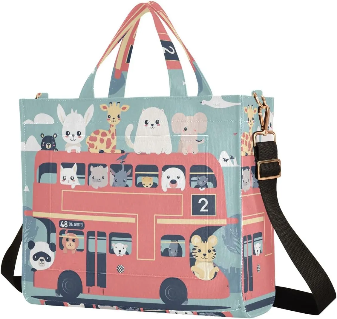 Corduroy Tote Bag Cute Animals in Double Decker Bus Women Crossbody Bag with Detachable and Adjustable Shoulder Strap