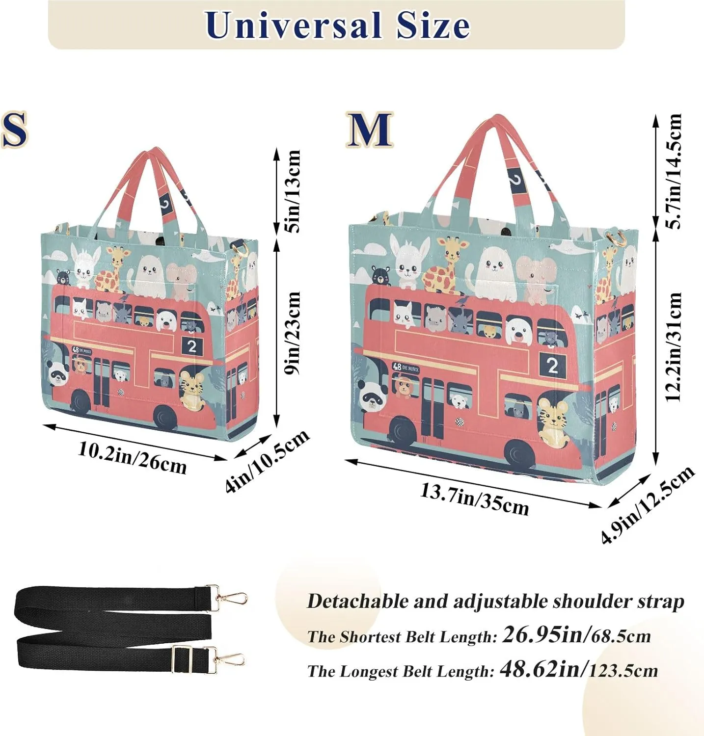 Corduroy Tote Bag Cute Animals in Double Decker Bus Women Crossbody Bag with Detachable and Adjustable Shoulder Strap