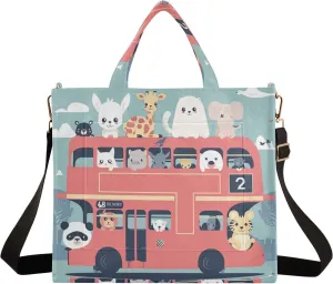Corduroy Tote Bag Cute Animals in Double Decker Bus Women Crossbody Bag with Detachable and Adjustable Shoulder Strap