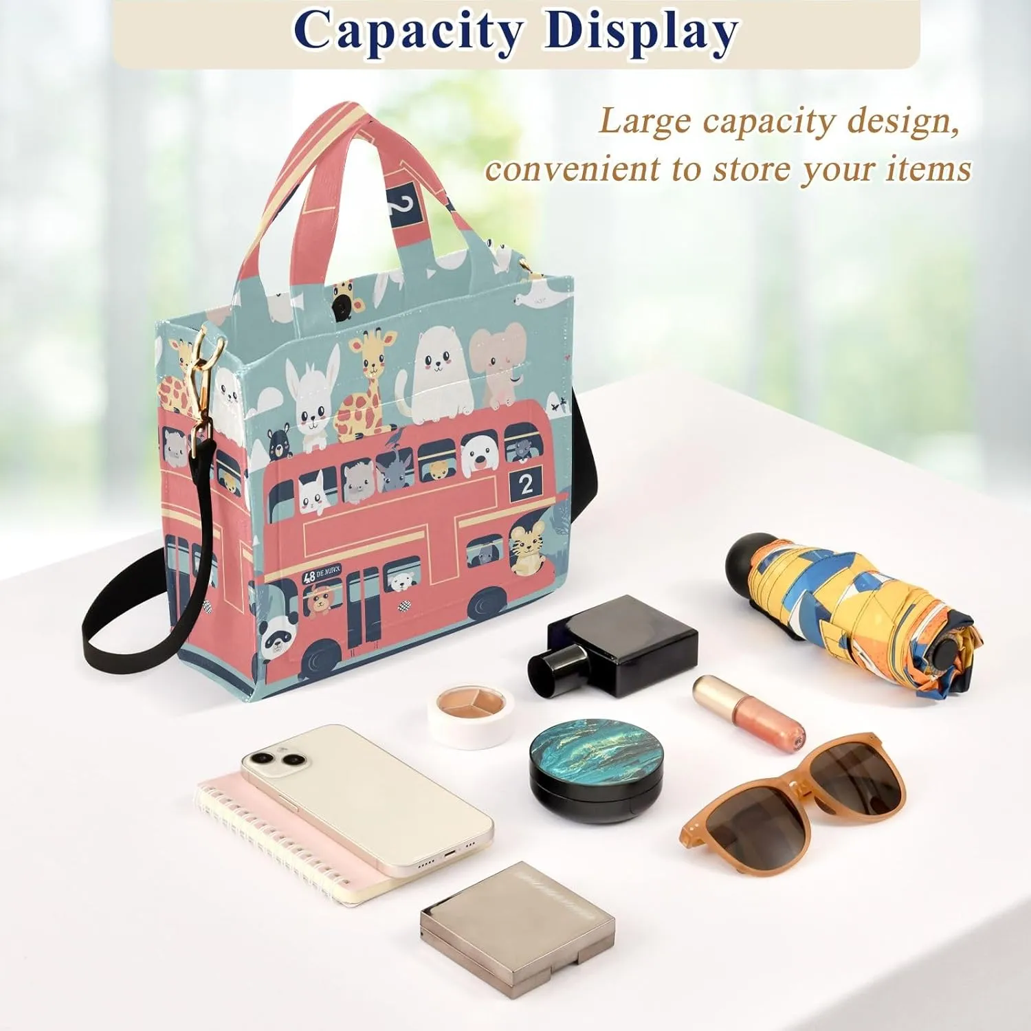 Corduroy Tote Bag Cute Animals in Double Decker Bus Women Crossbody Bag with Detachable and Adjustable Shoulder Strap