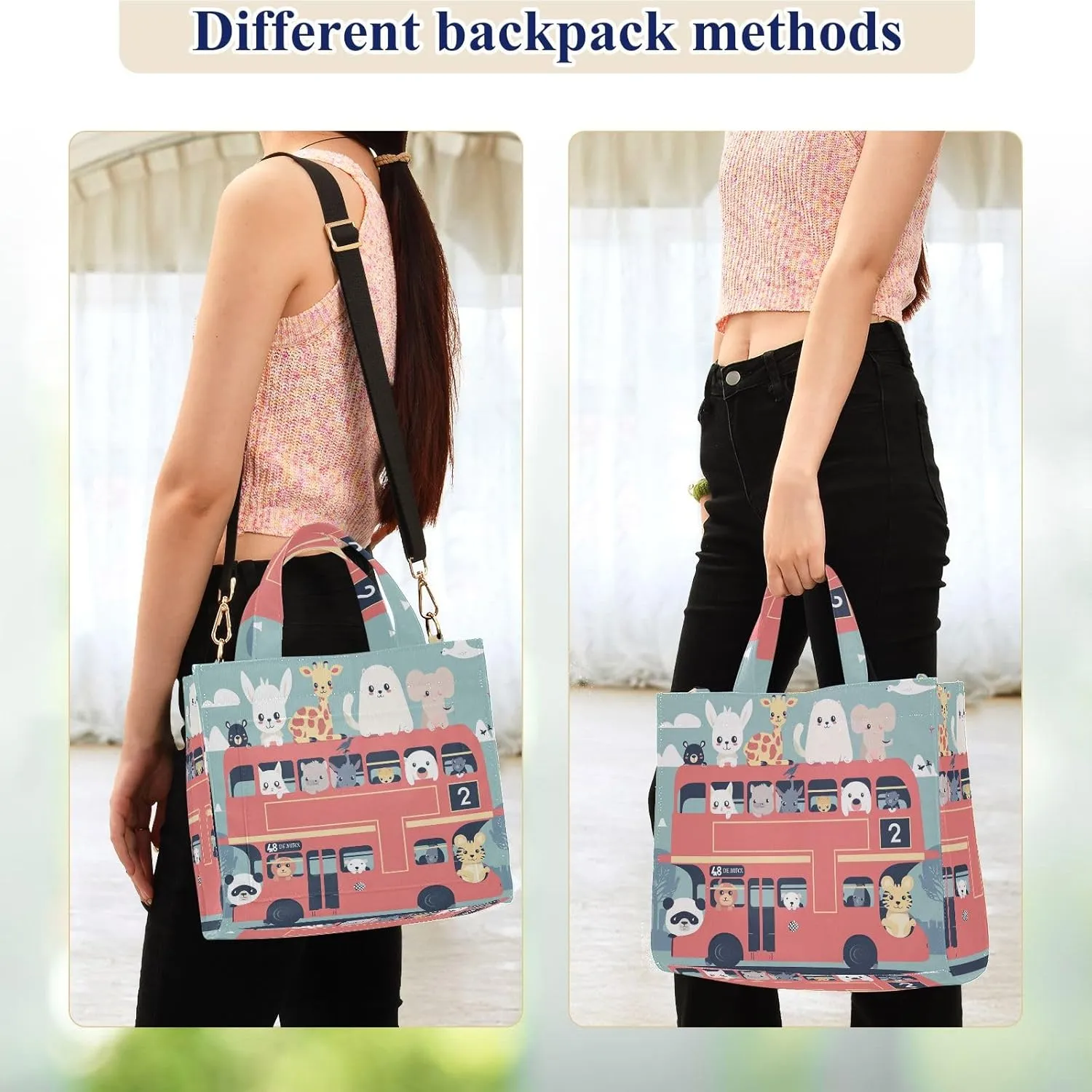 Corduroy Tote Bag Cute Animals in Double Decker Bus Women Crossbody Bag with Detachable and Adjustable Shoulder Strap
