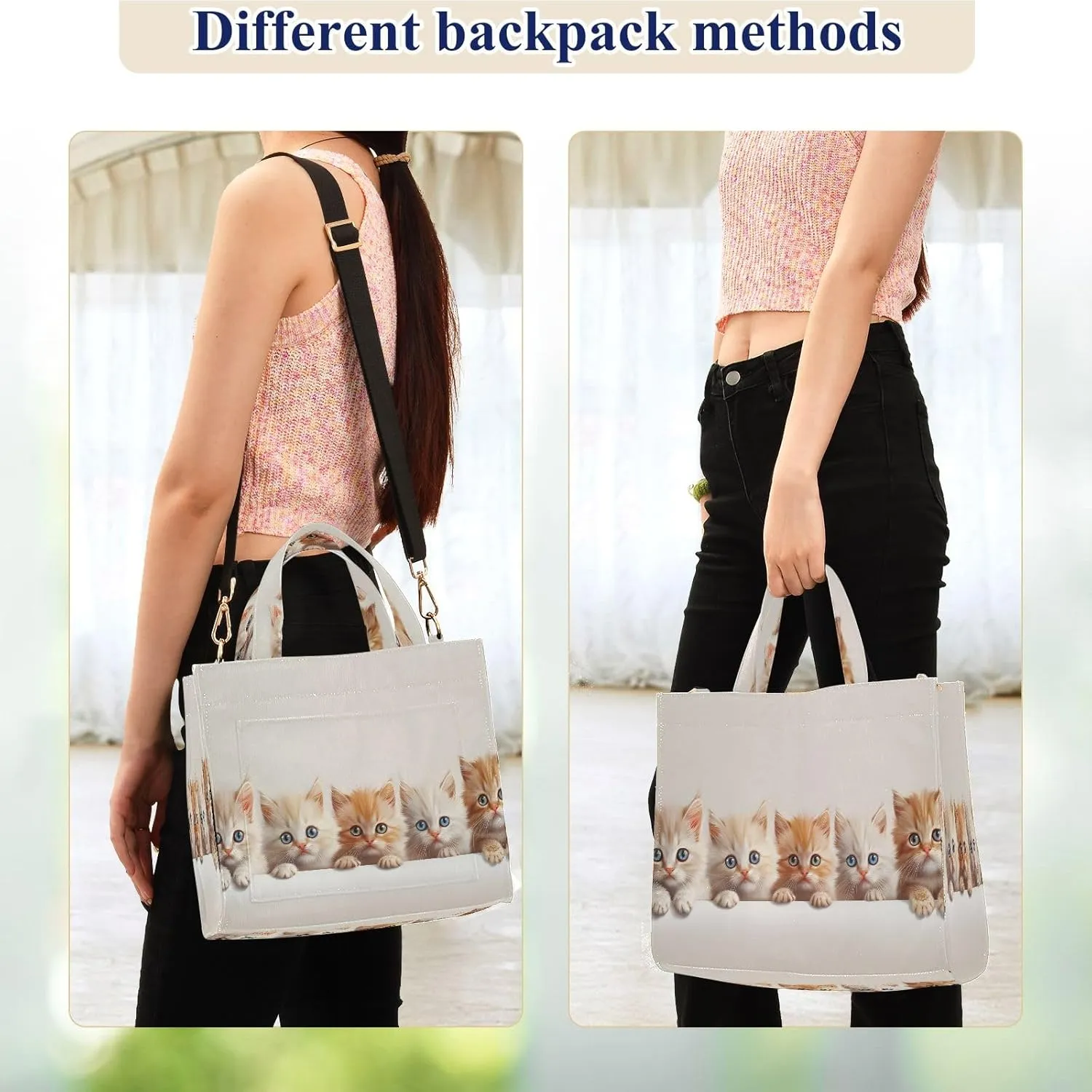 Corduroy Tote Bag Cute Cats in Rows Women Crossbody Bag with Detachable and Adjustable Shoulder Strap