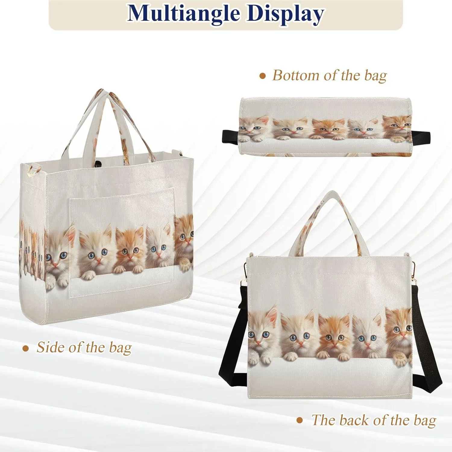 Corduroy Tote Bag Cute Cats in Rows Women Crossbody Bag with Detachable and Adjustable Shoulder Strap