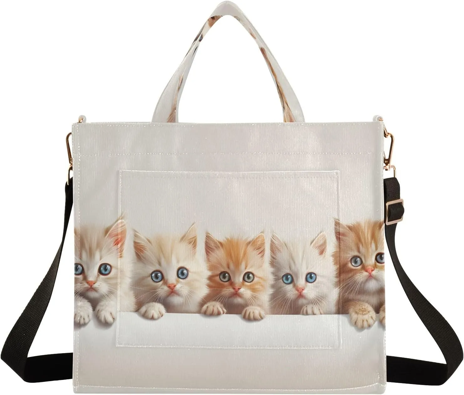 Corduroy Tote Bag Cute Cats in Rows Women Crossbody Bag with Detachable and Adjustable Shoulder Strap