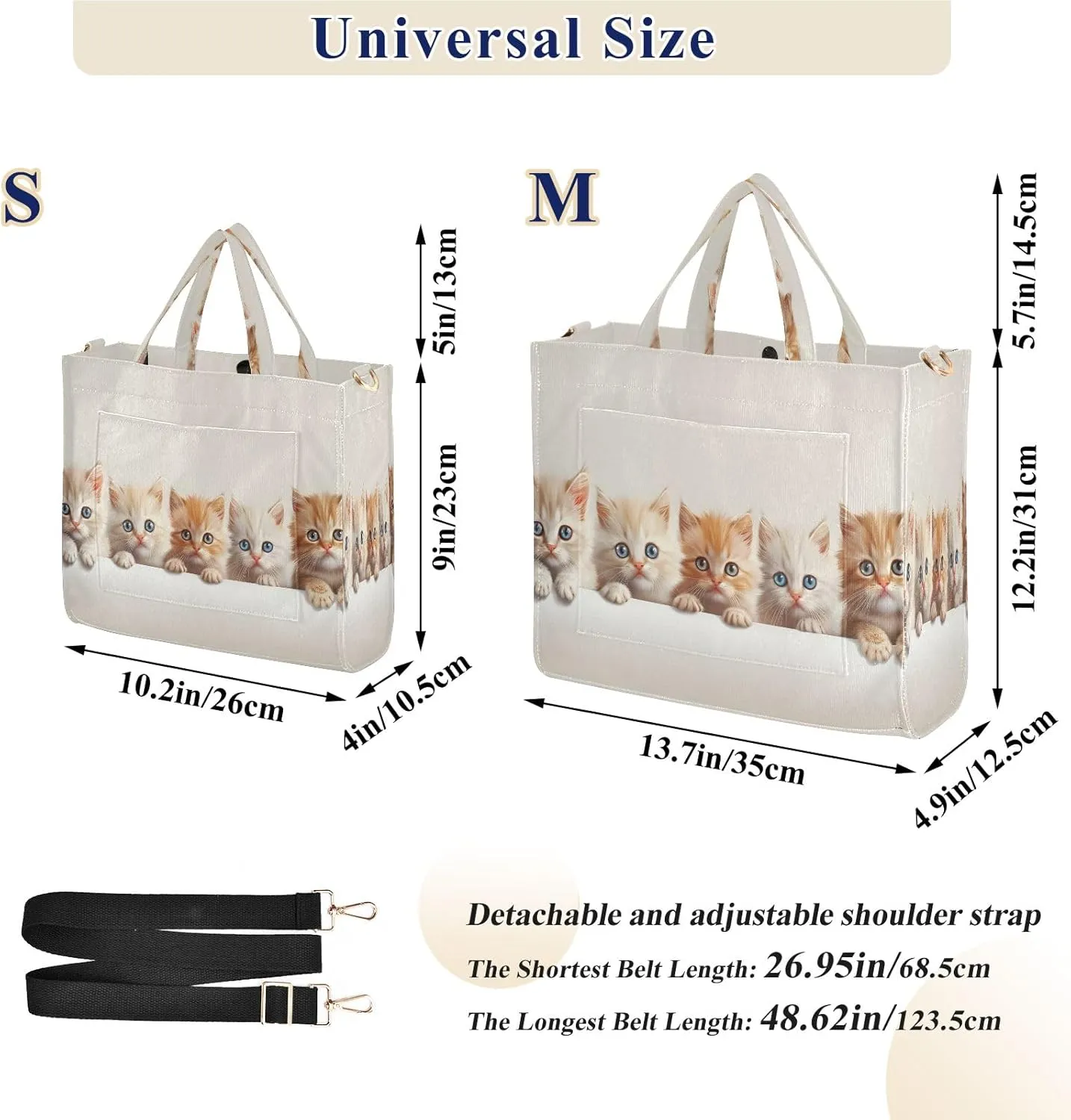 Corduroy Tote Bag Cute Cats in Rows Women Crossbody Bag with Detachable and Adjustable Shoulder Strap