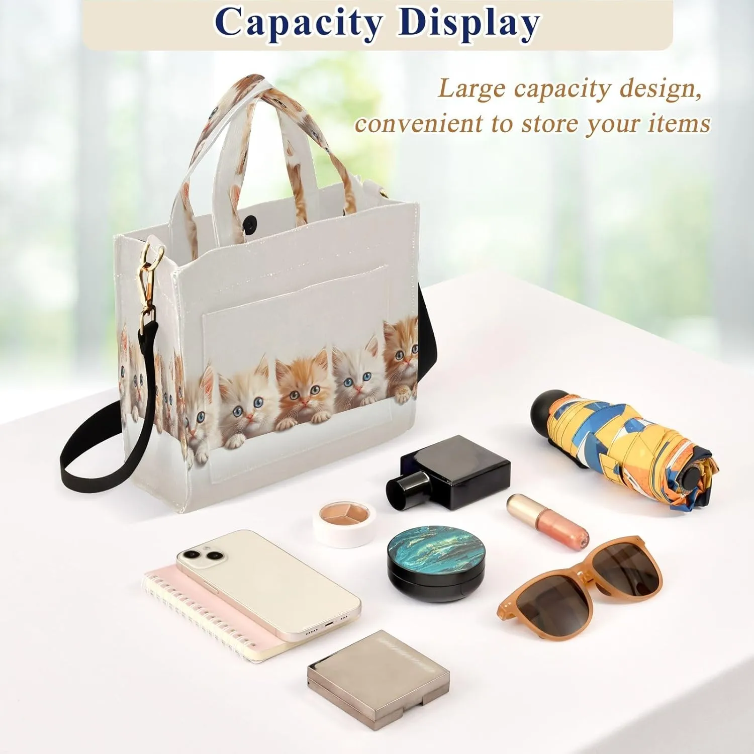 Corduroy Tote Bag Cute Cats in Rows Women Crossbody Bag with Detachable and Adjustable Shoulder Strap