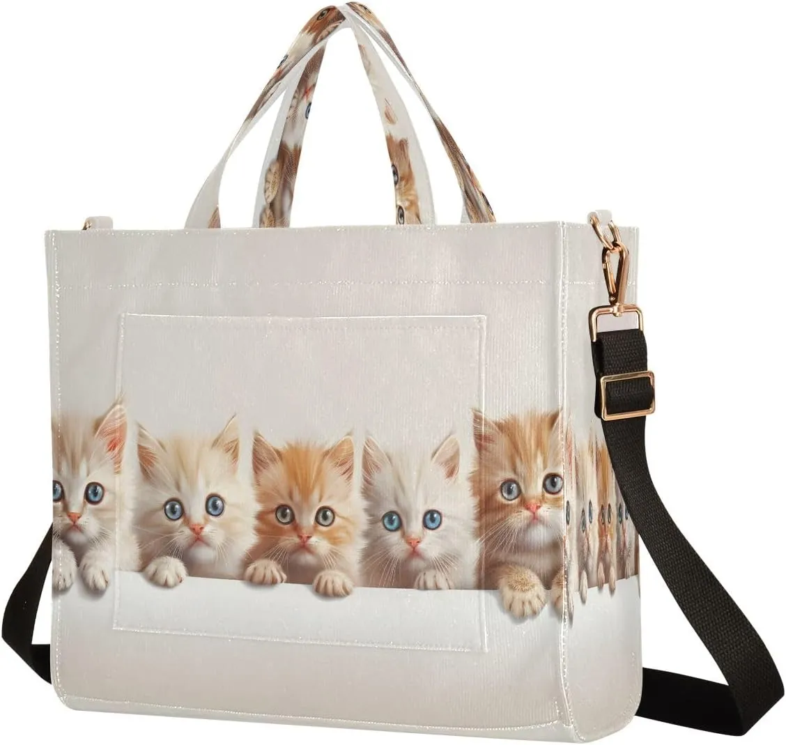 Corduroy Tote Bag Cute Cats in Rows Women Crossbody Bag with Detachable and Adjustable Shoulder Strap
