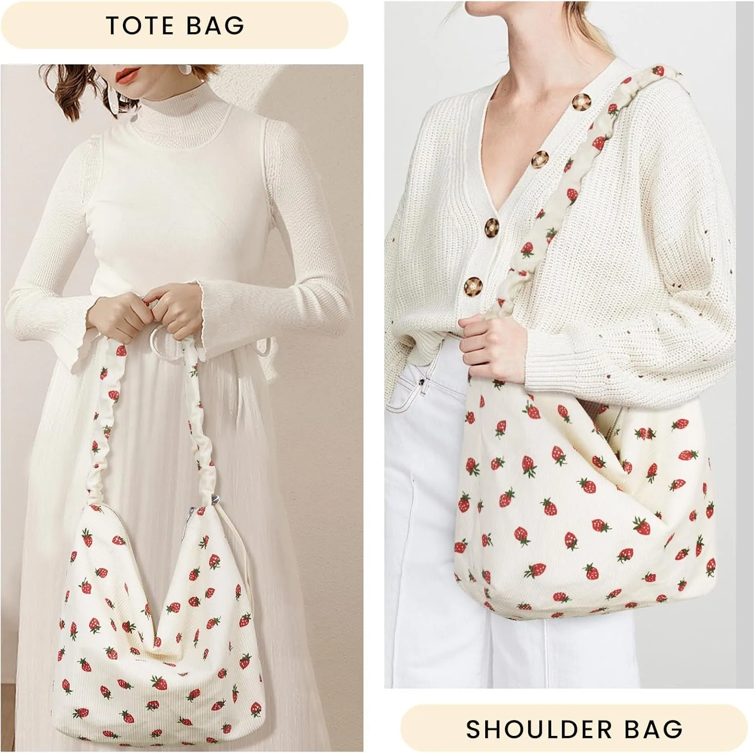 Corduroy Tote Bag Cute Strawberry Purse Shoulder Bag for Women Aesthetic Tote Bag Hobo Purse with Zipper