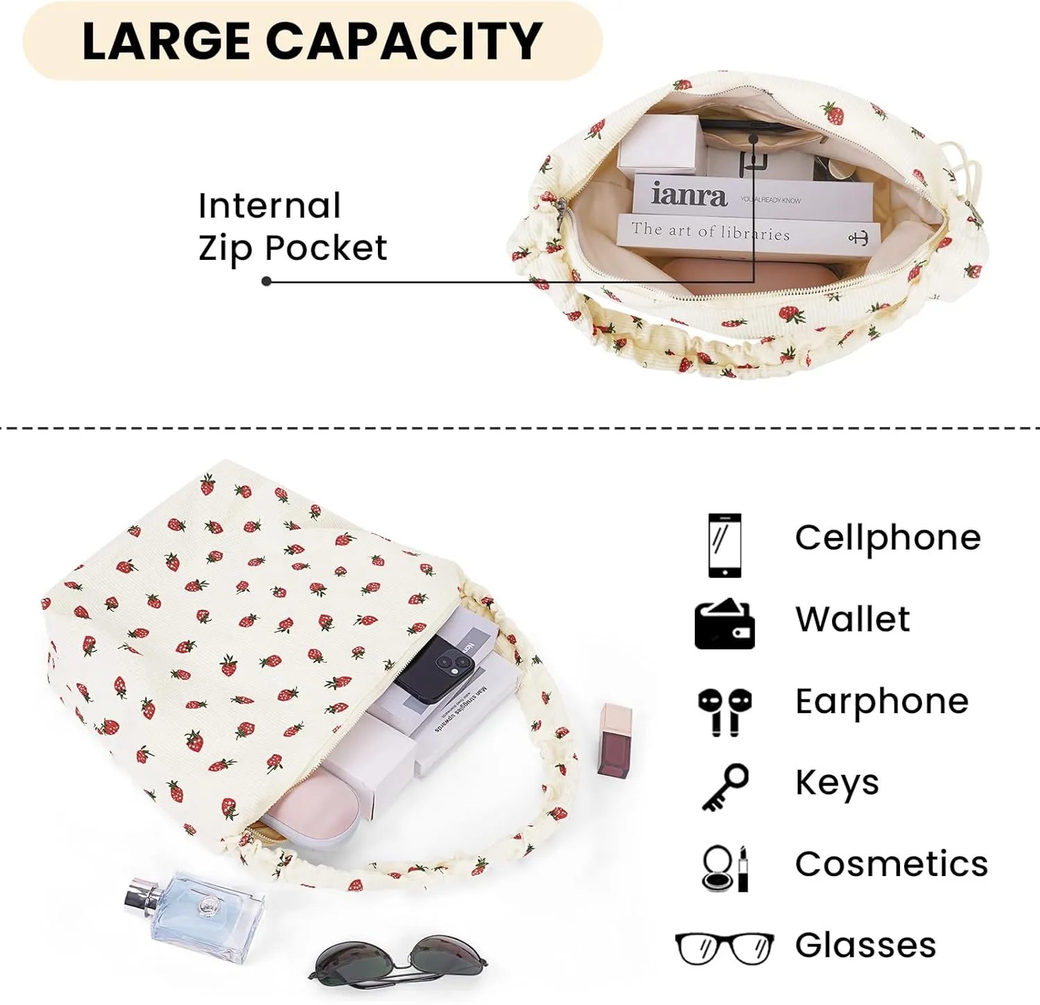 Corduroy Tote Bag Cute Strawberry Purse Shoulder Bag for Women Aesthetic Tote Bag Hobo Purse with Zipper