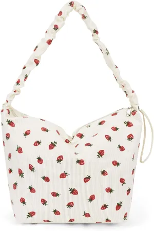 Corduroy Tote Bag Cute Strawberry Purse Shoulder Bag for Women Aesthetic Tote Bag Hobo Purse with Zipper