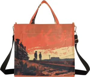Corduroy Tote Bag Dark Western Railroad Workers Women Crossbody Bag with Detachable and Adjustable Shoulder Strap