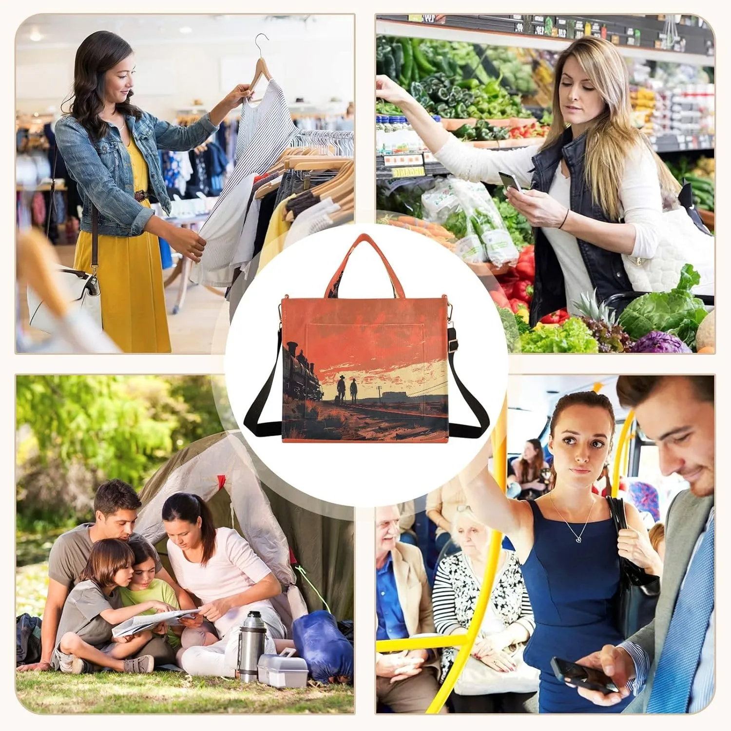 Corduroy Tote Bag Dark Western Railroad Workers Women Crossbody Bag with Detachable and Adjustable Shoulder Strap