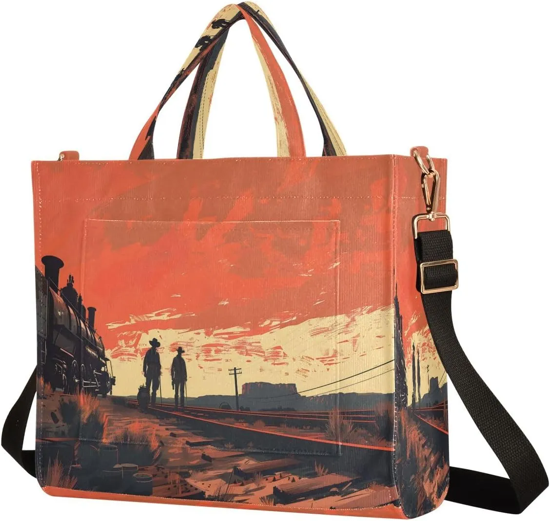 Corduroy Tote Bag Dark Western Railroad Workers Women Crossbody Bag with Detachable and Adjustable Shoulder Strap