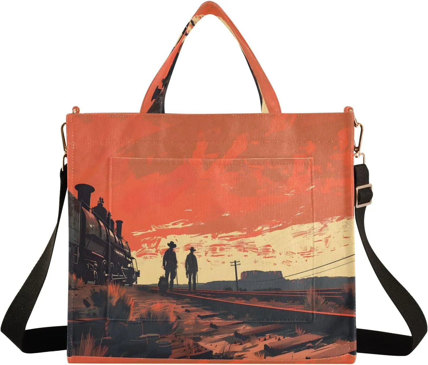 Corduroy Tote Bag Dark Western Railroad Workers Women Crossbody Bag with Detachable and Adjustable Shoulder Strap