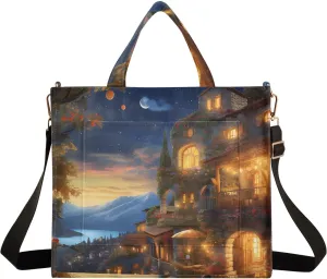 Corduroy Tote Bag Dreamlike Village Night Women Crossbody Bag with Detachable and Adjustable Shoulder Strap