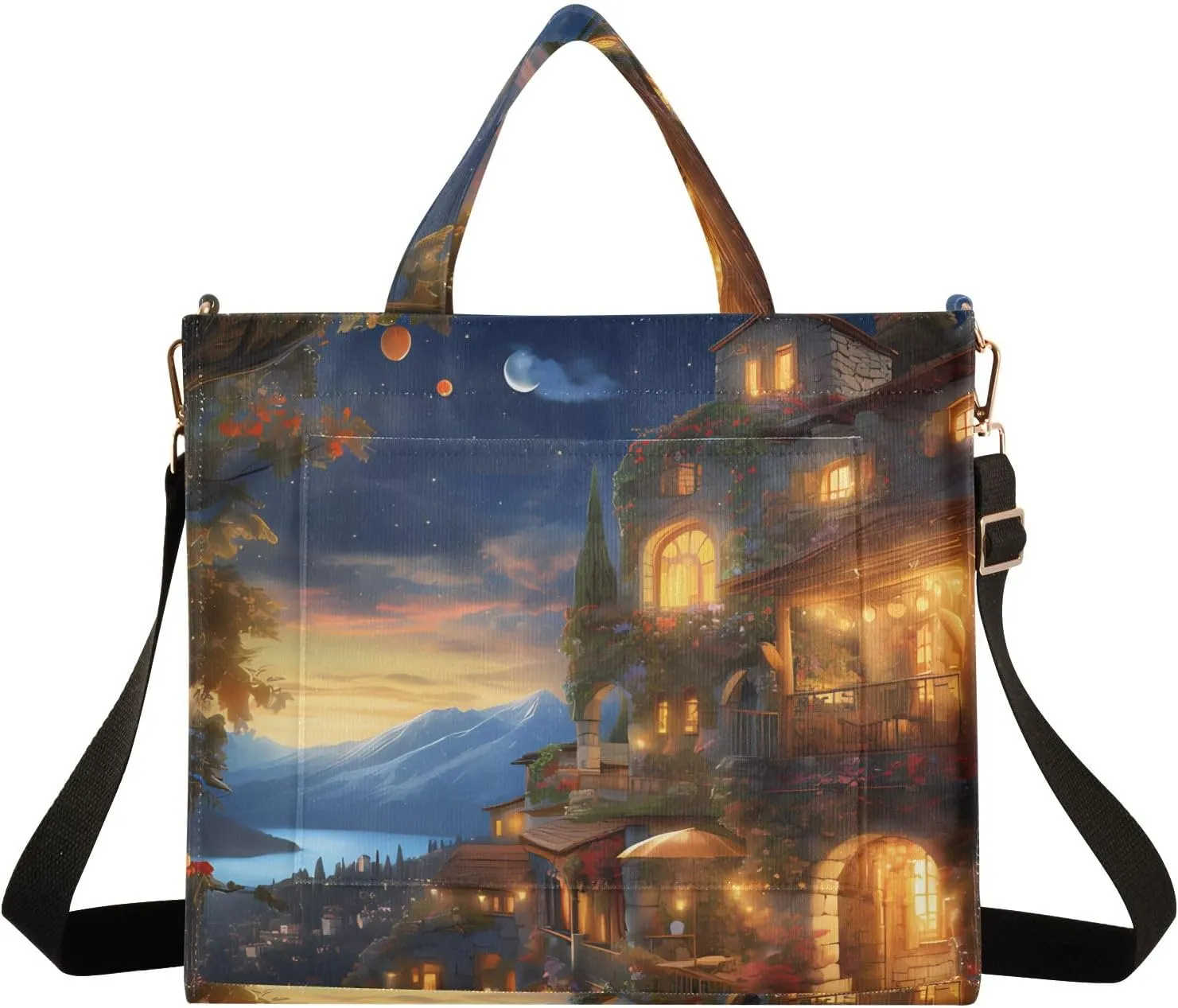 Corduroy Tote Bag Dreamlike Village Night Women Crossbody Bag with Detachable and Adjustable Shoulder Strap