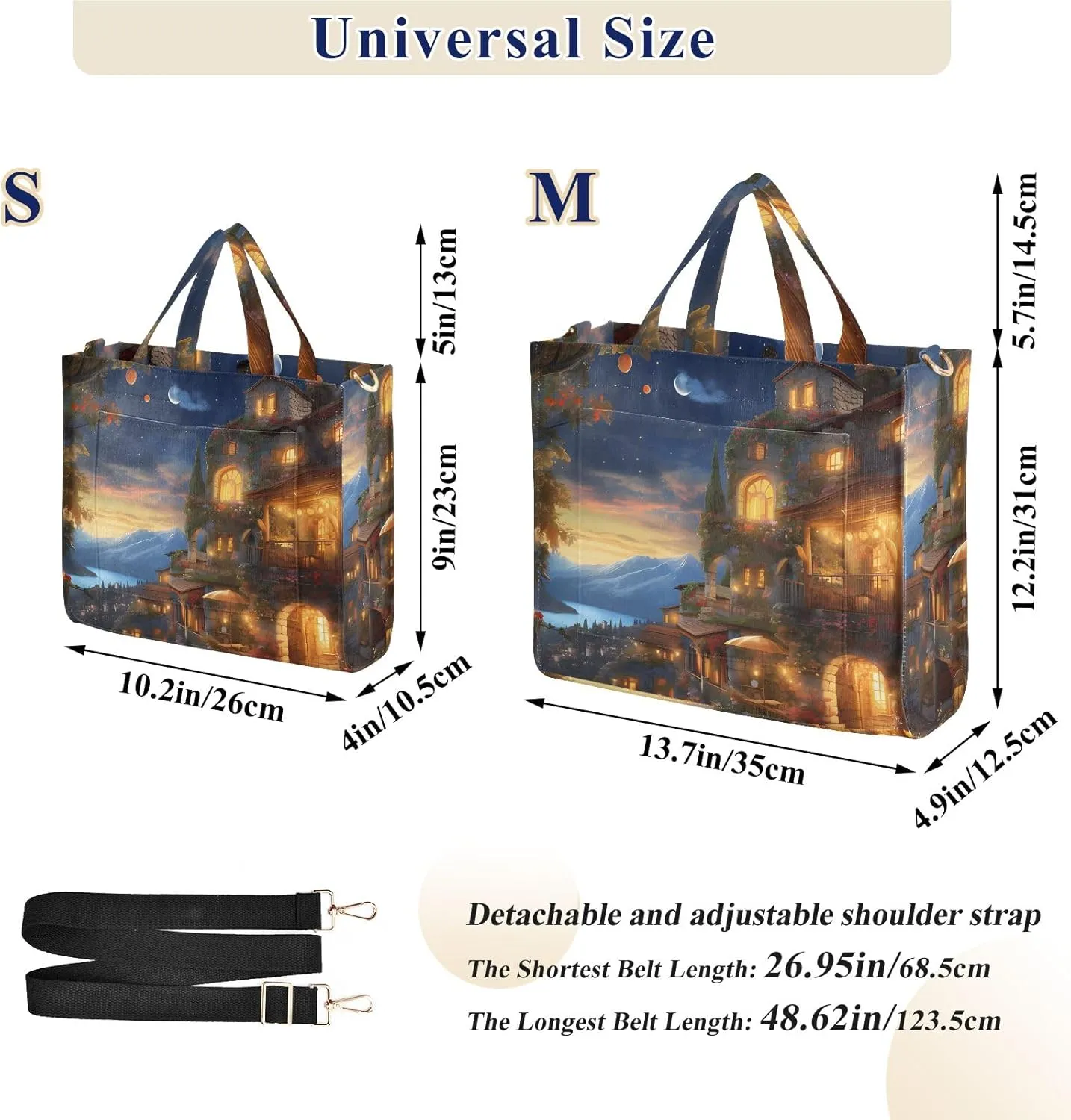 Corduroy Tote Bag Dreamlike Village Night Women Crossbody Bag with Detachable and Adjustable Shoulder Strap
