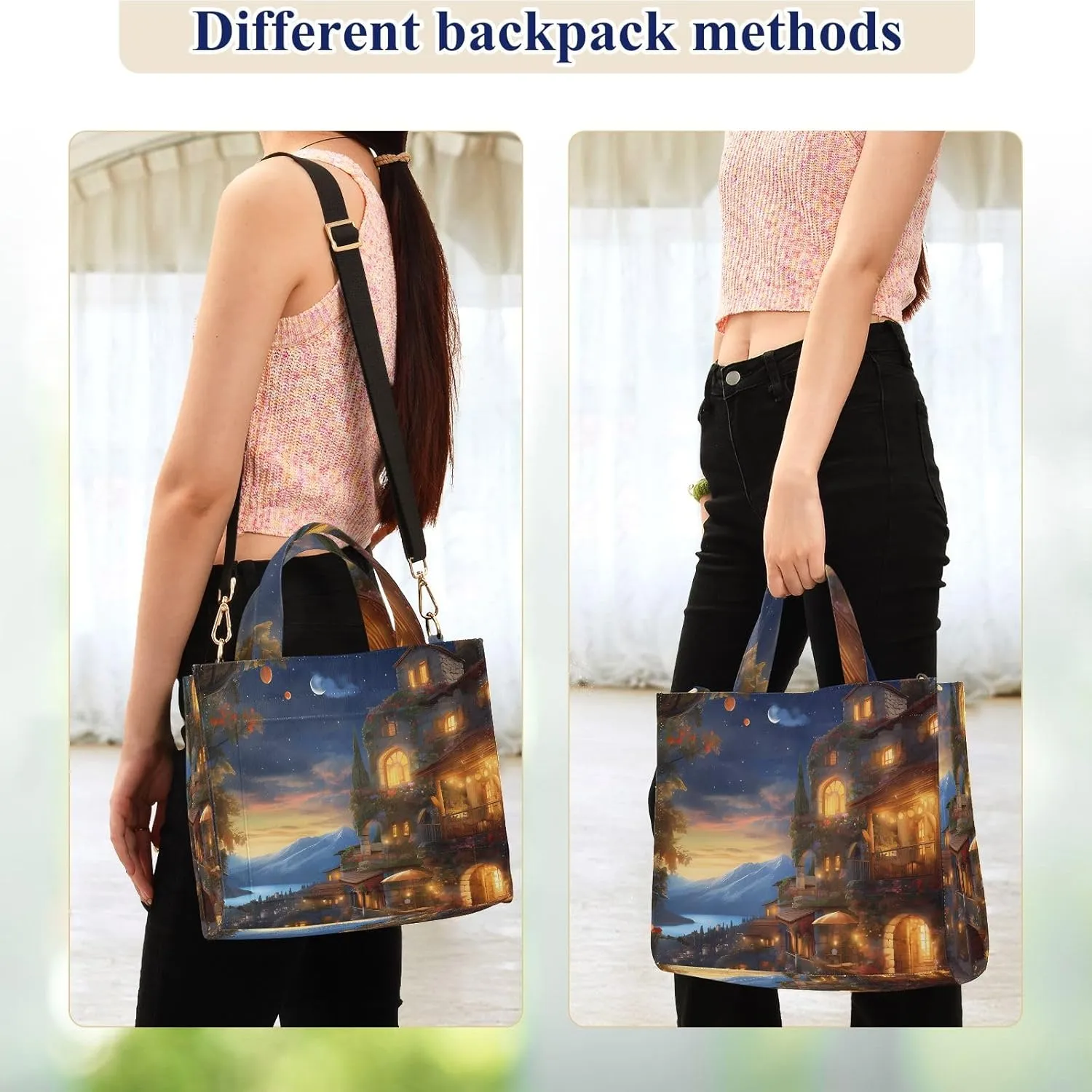 Corduroy Tote Bag Dreamlike Village Night Women Crossbody Bag with Detachable and Adjustable Shoulder Strap