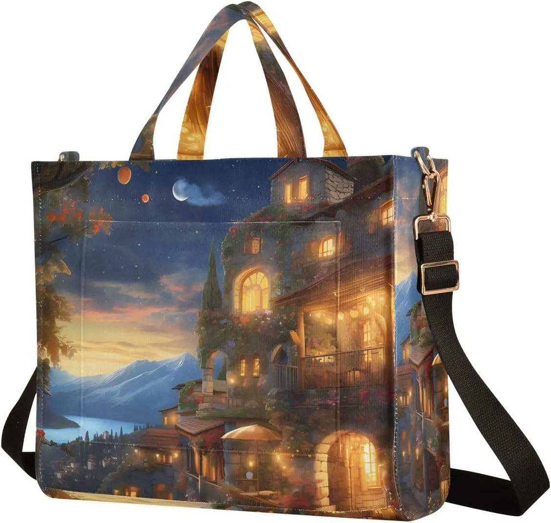 Corduroy Tote Bag Dreamlike Village Night Women Crossbody Bag with Detachable and Adjustable Shoulder Strap