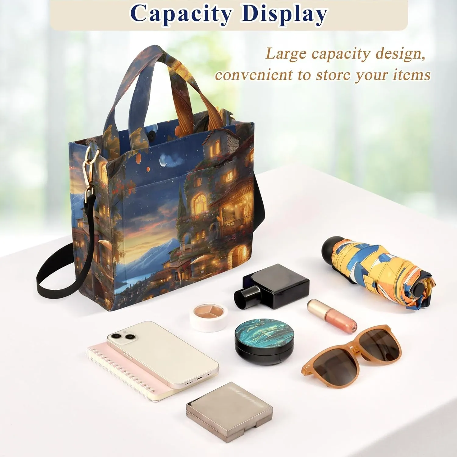 Corduroy Tote Bag Dreamlike Village Night Women Crossbody Bag with Detachable and Adjustable Shoulder Strap