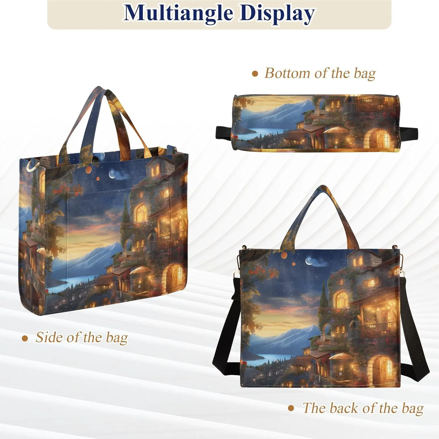 Corduroy Tote Bag Dreamlike Village Night Women Crossbody Bag with Detachable and Adjustable Shoulder Strap