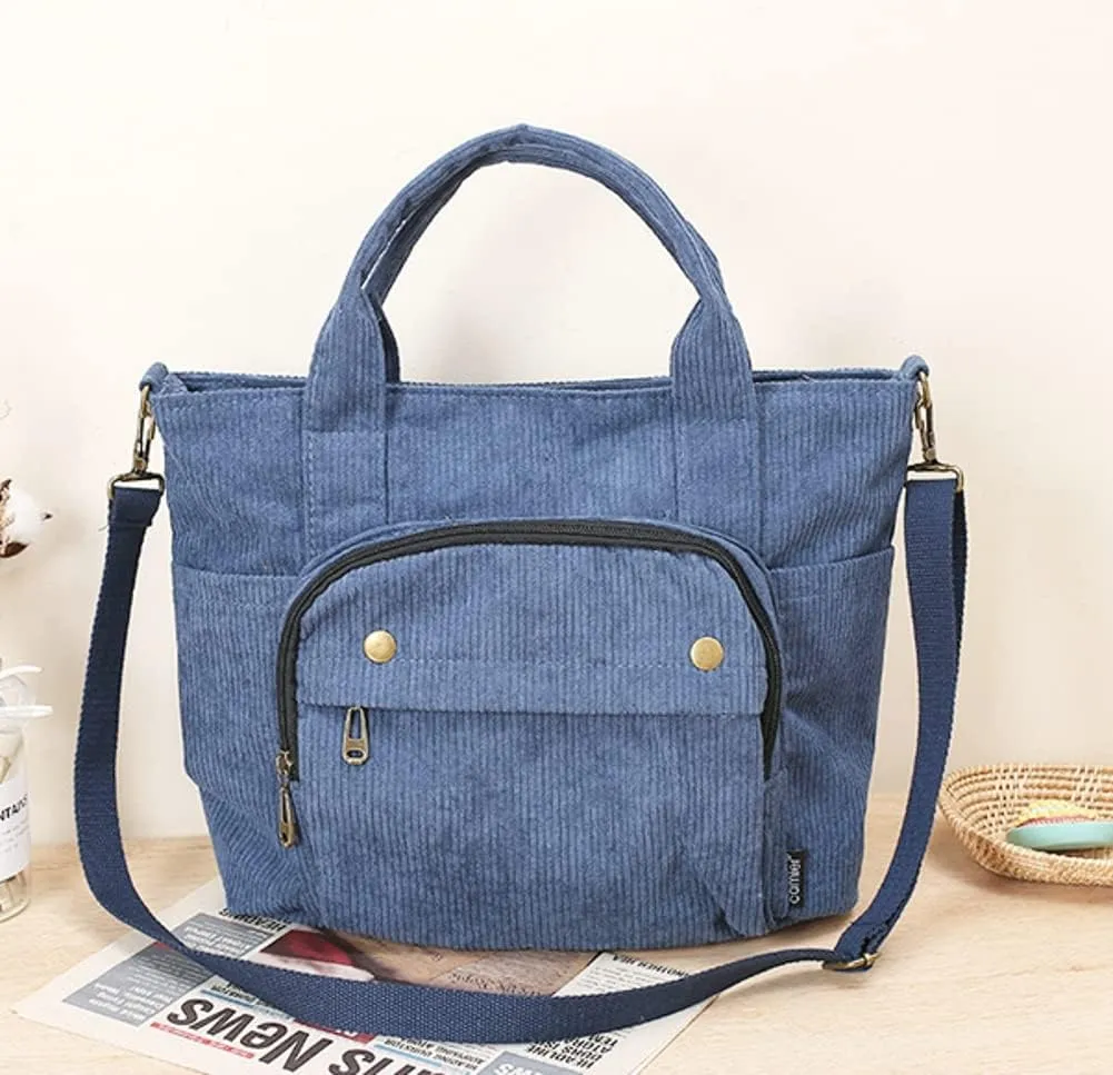 Corduroy Tote Bag for Women Girl Casual Shoulder Handbags Crossbody Bag with Zipper and Outer Pocket