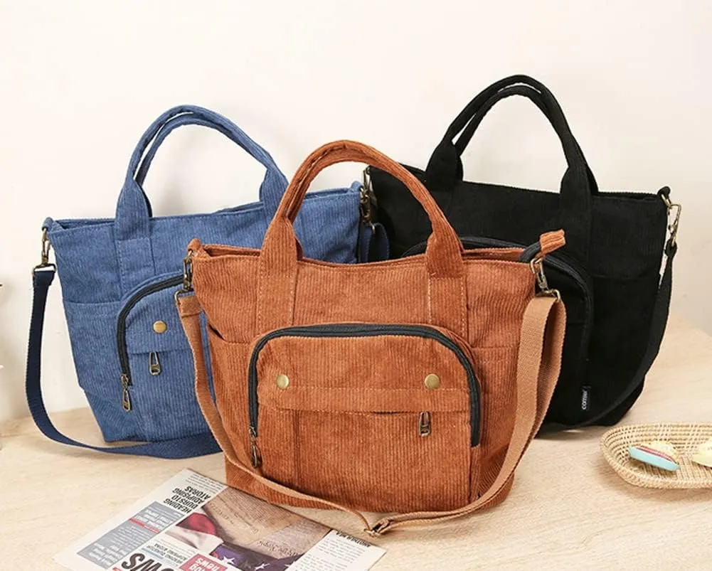 Corduroy Tote Bag for Women Girl Casual Shoulder Handbags Crossbody Bag with Zipper and Outer Pocket