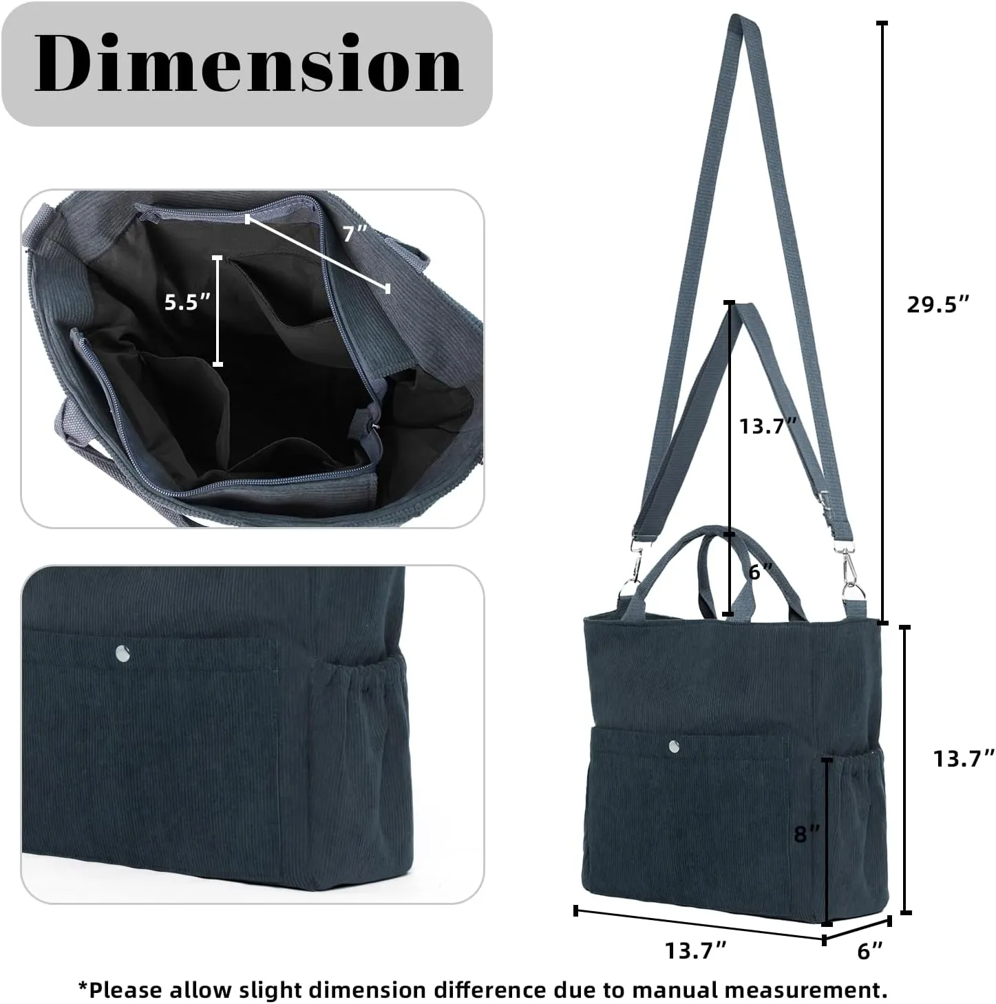 Corduroy Tote Bag for Women Large Crossbody Bags Shoulder Tote Bag with Multi Pockets Satchel Bags Handbag for Work