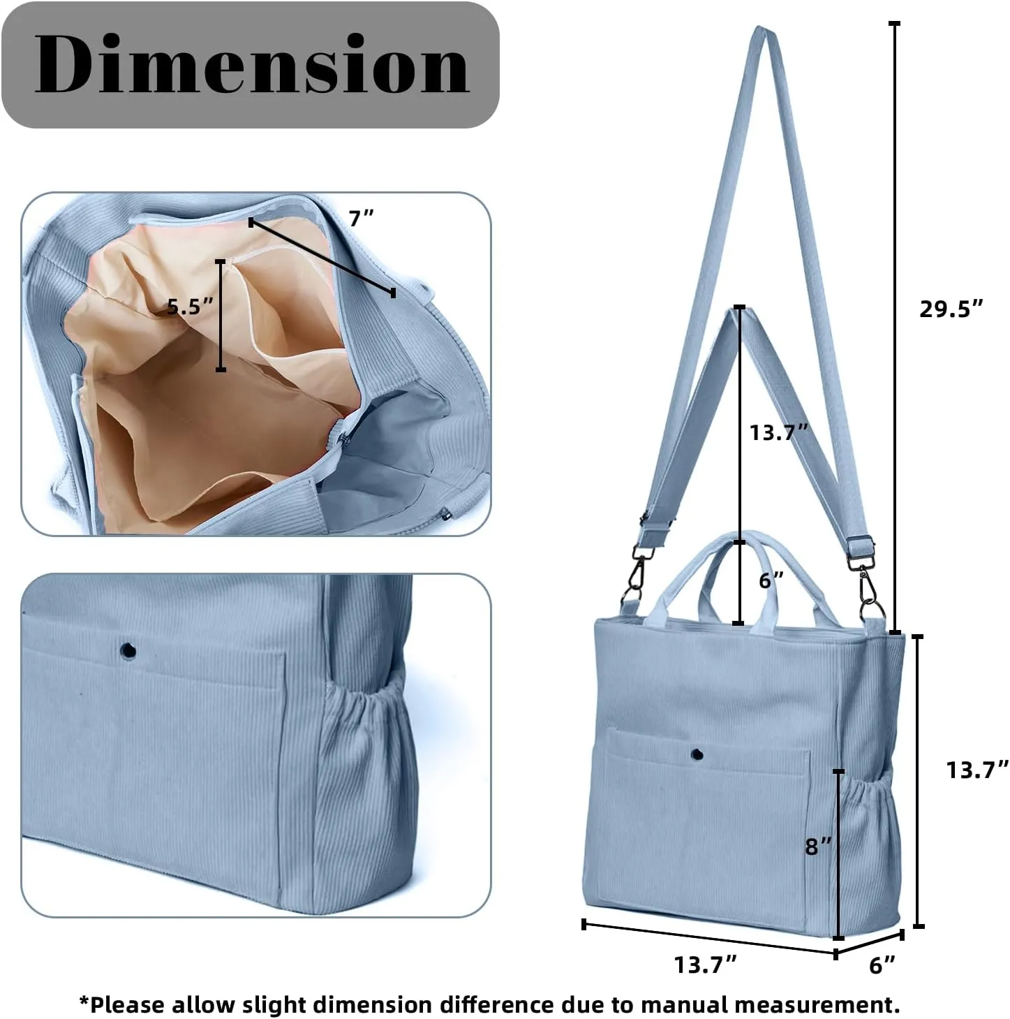 Corduroy Tote Bag for Women Large Crossbody Bags Shoulder Tote Bag with Multi Pockets Satchel Bags Handbag for Work
