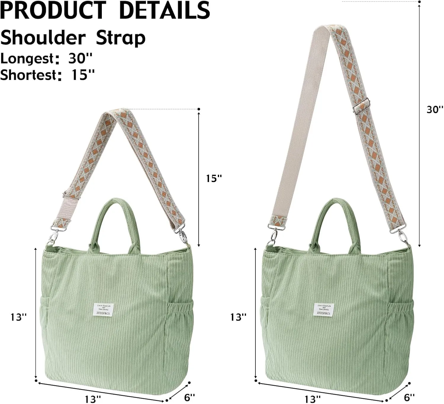 Corduroy Tote Bag for Women Large Hobo Bags Tote Bag with Zipper Casual Shoulder Handbags Work Shopping Bag