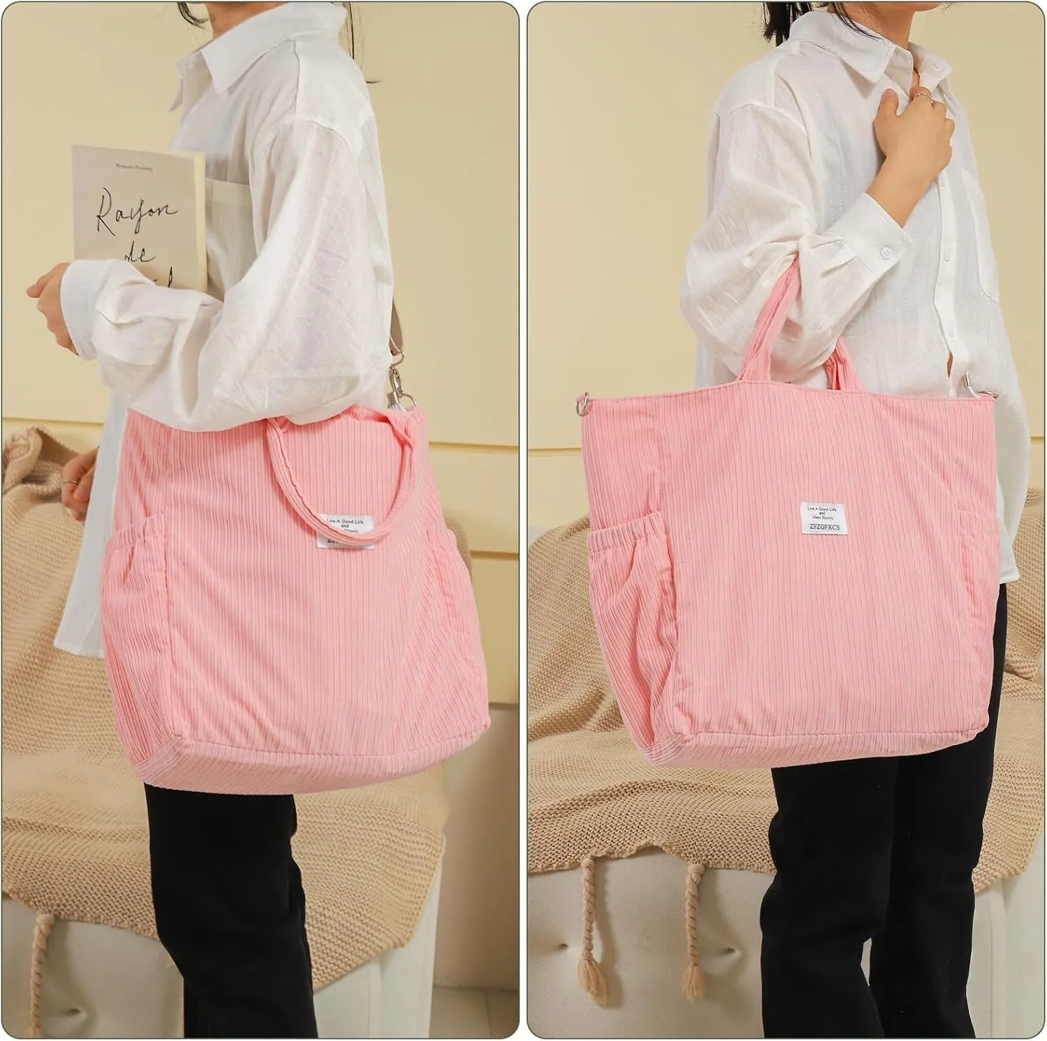 Corduroy Tote Bag for Women Large Hobo Bags Tote Bag with Zipper Casual Shoulder Handbags Work Shopping Bag