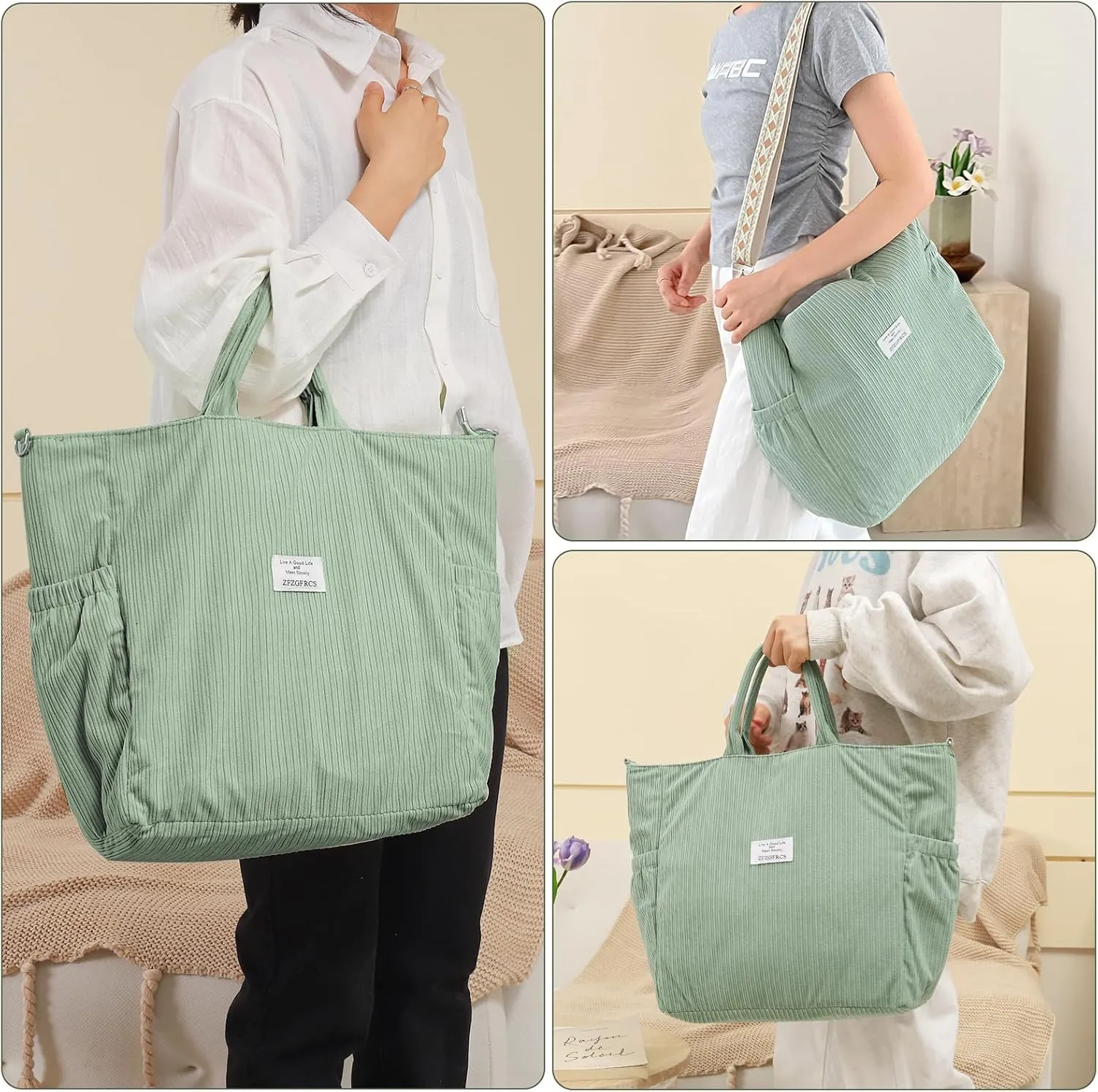Corduroy Tote Bag for Women Large Hobo Bags Tote Bag with Zipper Casual Shoulder Handbags Work Shopping Bag