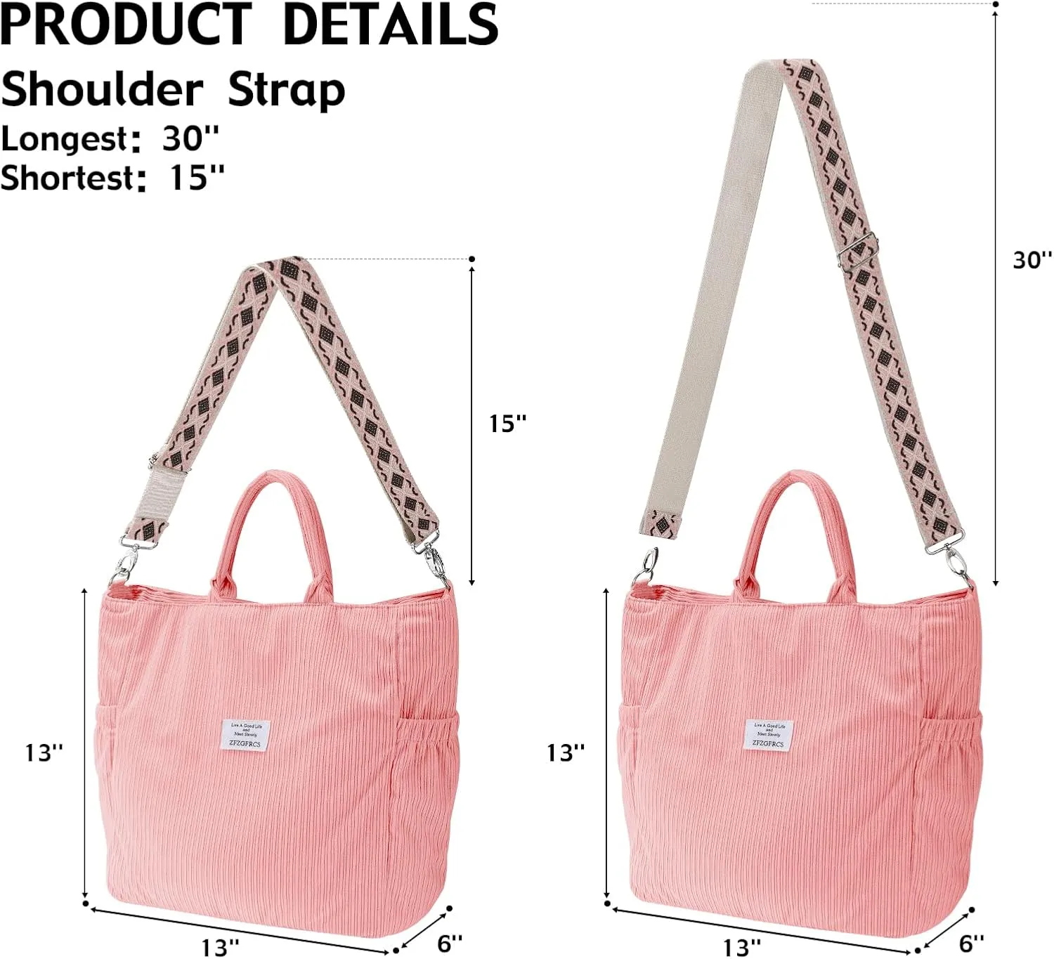 Corduroy Tote Bag for Women Large Hobo Bags Tote Bag with Zipper Casual Shoulder Handbags Work Shopping Bag