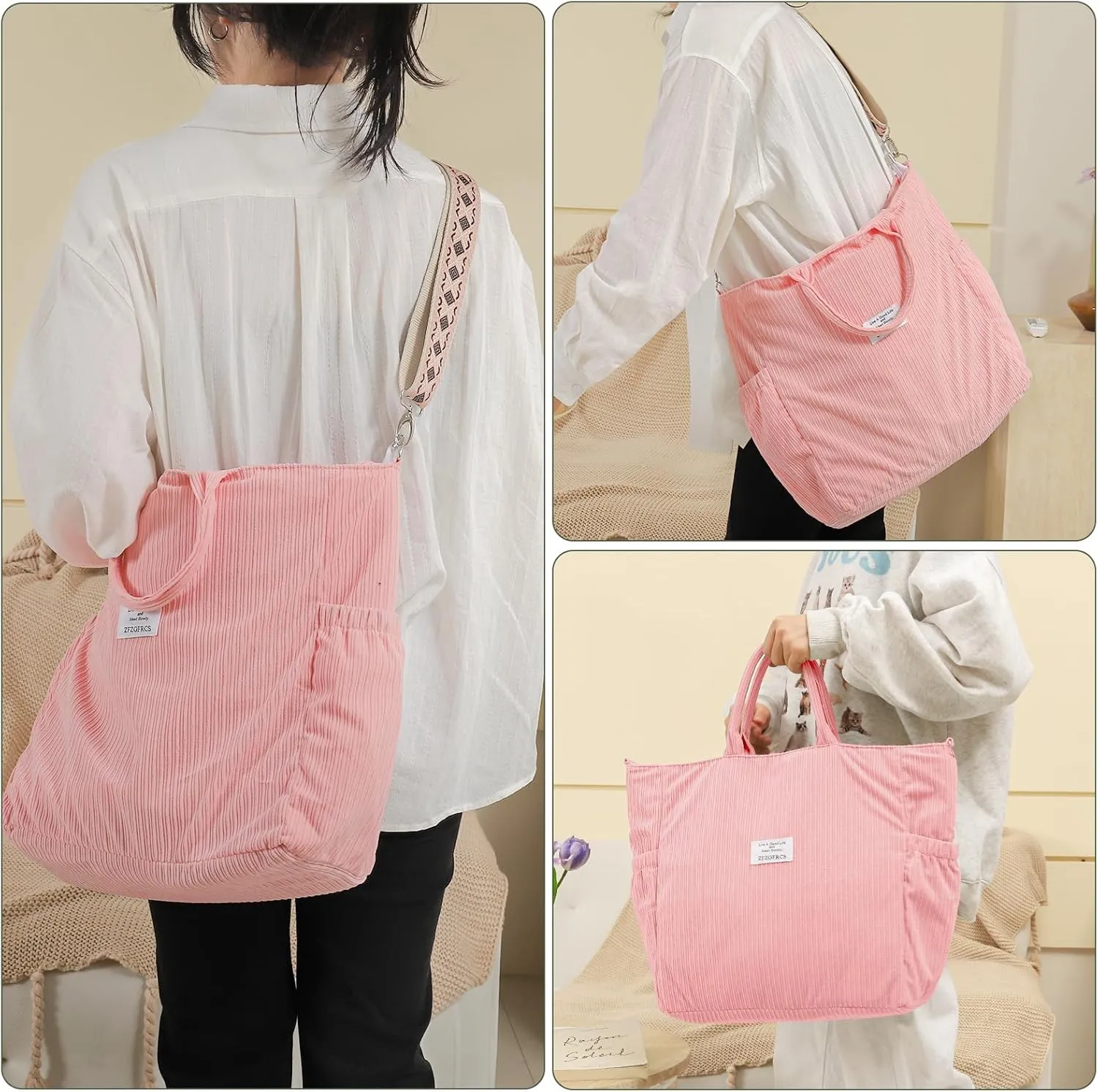 Corduroy Tote Bag for Women Large Hobo Bags Tote Bag with Zipper Casual Shoulder Handbags Work Shopping Bag