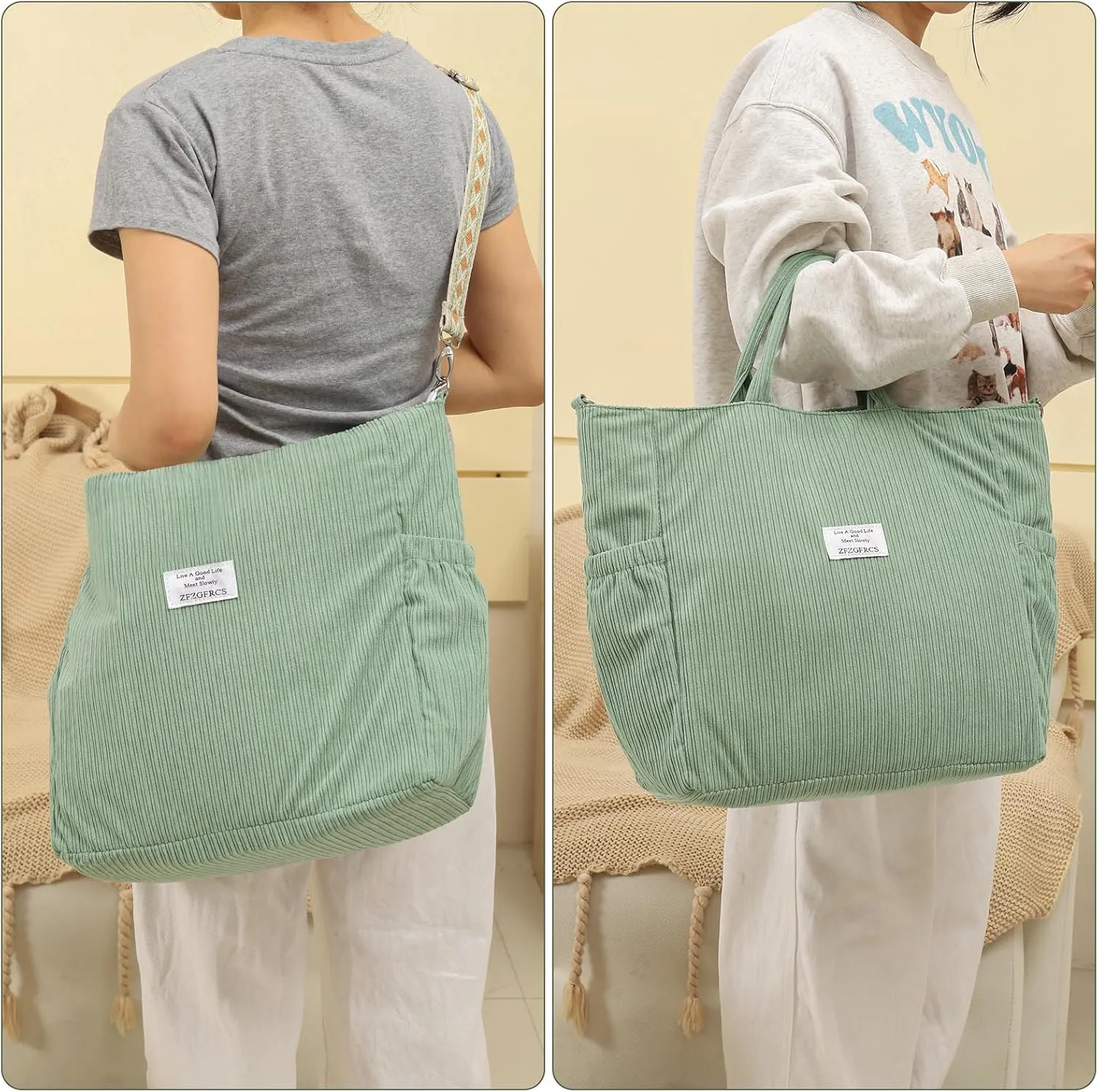 Corduroy Tote Bag for Women Large Hobo Bags Tote Bag with Zipper Casual Shoulder Handbags Work Shopping Bag