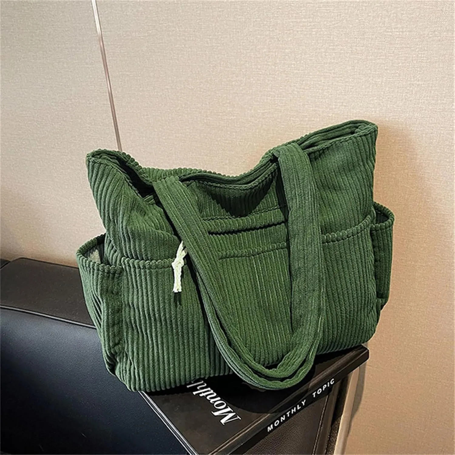 Corduroy Tote Bag for Women, Multiple Pockets Large Hobo Shoulder Bag for Office & Shopping, Zipper Casual Handbags