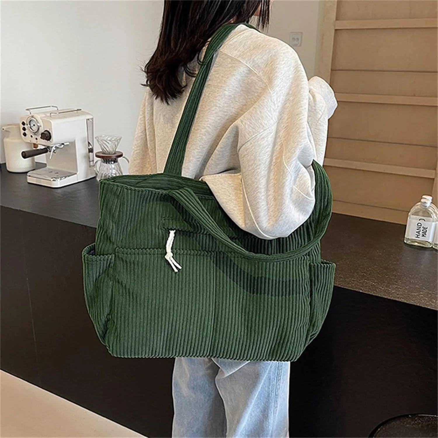 Corduroy Tote Bag for Women, Multiple Pockets Large Hobo Shoulder Bag for Office & Shopping, Zipper Casual Handbags