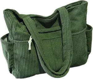 Corduroy Tote Bag for Women, Multiple Pockets Large Hobo Shoulder Bag for Office & Shopping, Zipper Casual Handbags