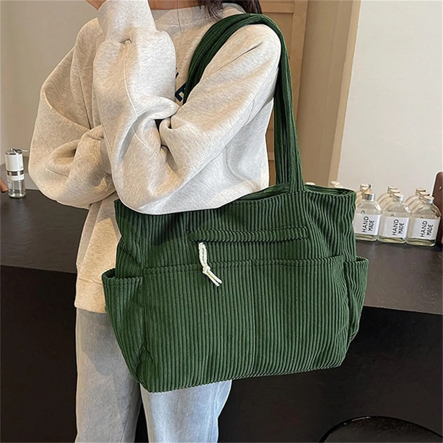 Corduroy Tote Bag for Women, Multiple Pockets Large Hobo Shoulder Bag for Office & Shopping, Zipper Casual Handbags