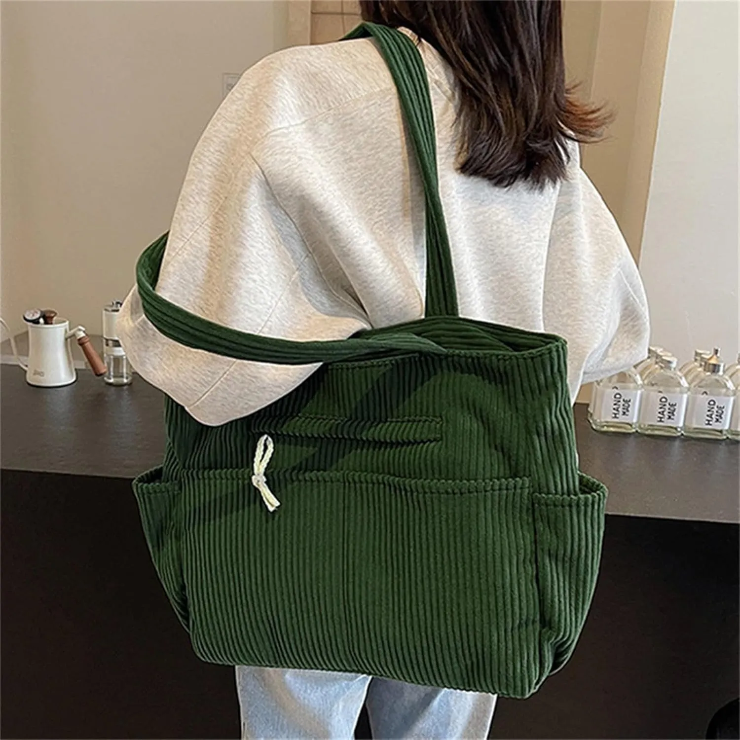 Corduroy Tote Bag for Women, Multiple Pockets Large Hobo Shoulder Bag for Office & Shopping, Zipper Casual Handbags